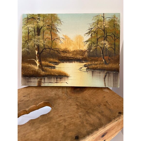 VTG Original Landscape Oil Painting Autumnal Trees Tranquil Stream Canvas 12 x 9 - Picture 2 of 10